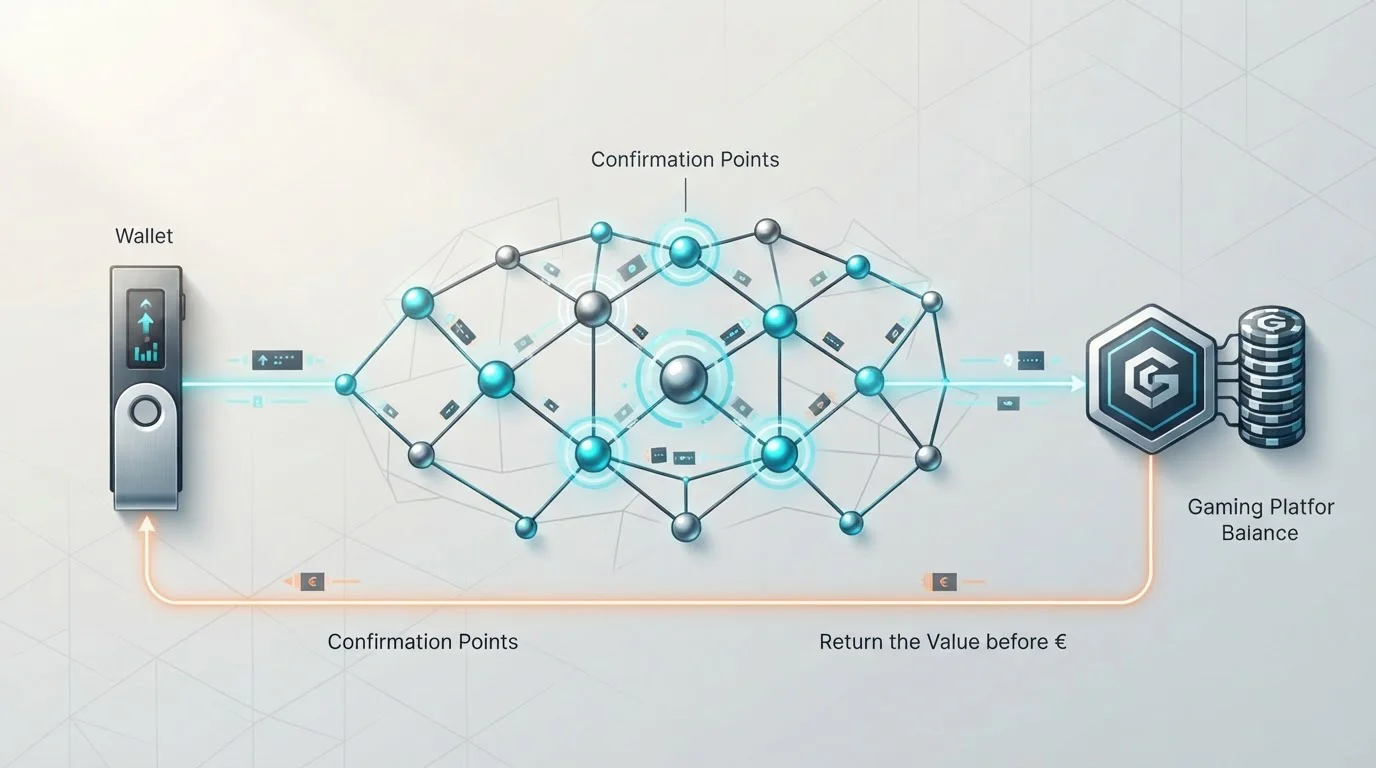 Crypto wallet moving funds through a blockchain network toward a casino balance