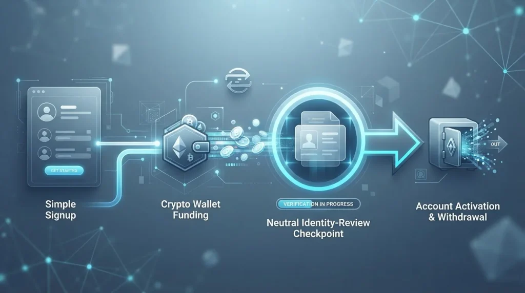 Abstract account flow from signup through wallet funding to an identity review checkpoint and withdrawal