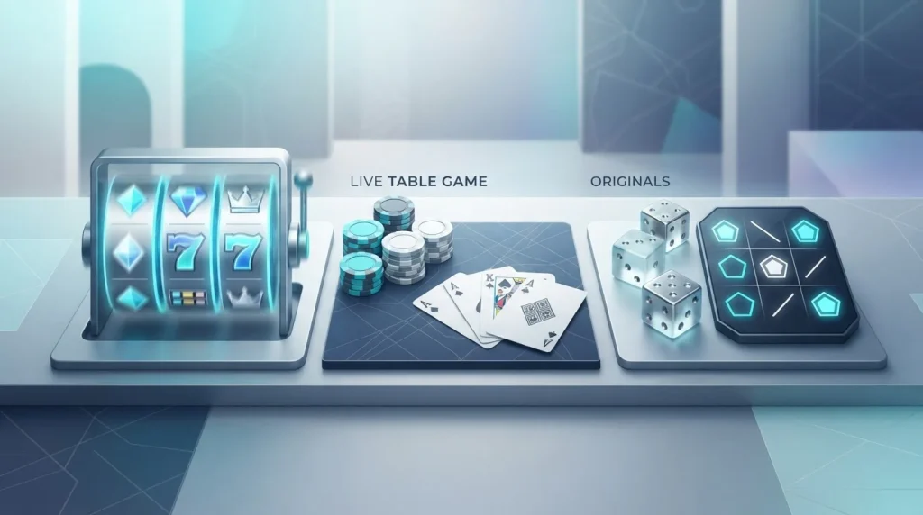 Abstract casino game categories with slot reels, live table cards and provably fair dice symbols