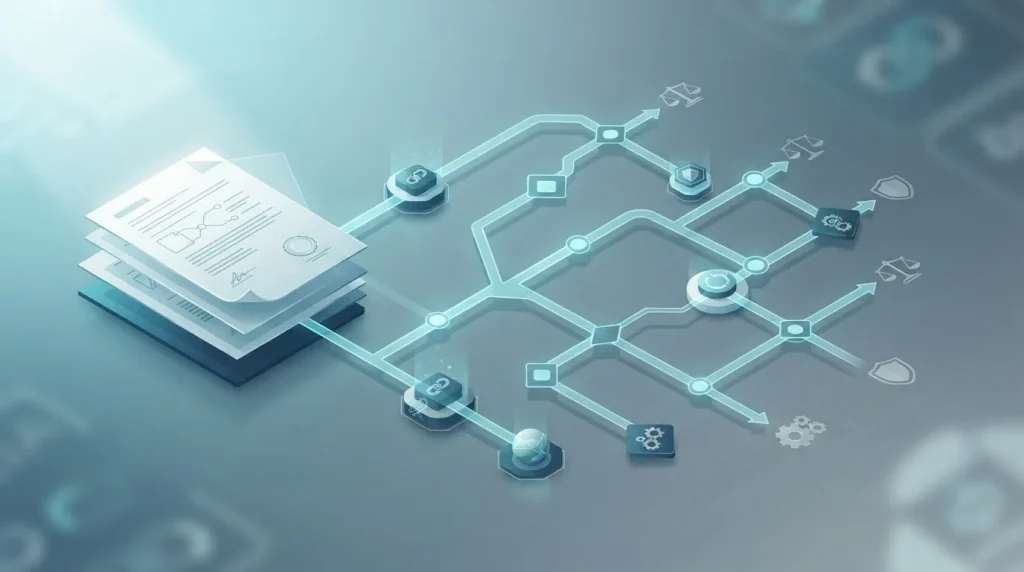 Regulatory documents beside a branching dispute path with neutral legal symbols