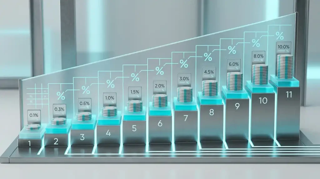 Abstract tier ladder with rebate markers and percentage symbols arranged around a neutral casino ledger