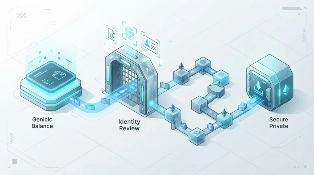 Crypto withdrawal moving from a casino balance through verification and a blockchain network to a wallet